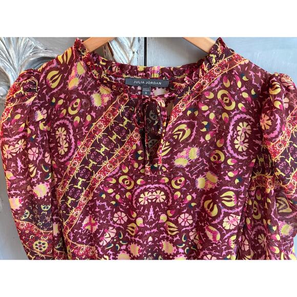 Julia Jordan Maxi Dress Sz 8 Boho Tiered Chiffon Burgundy Floral Long Sleeve - Picture 8 of 16